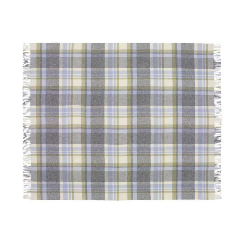 Jeté tissé en laine d'agneau Merino, Bleu / gris / damier beige
