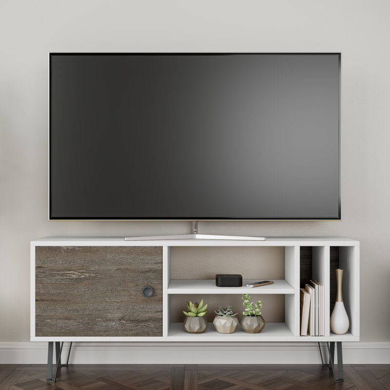 Meuble télé moderne avec option de fixation murale, blanc avec gris foncé, 47,2 po x 9,8 po x 20,3 po | 100% panneau de particules enduit de mélamine, épaisseur: 0,7 pouce | Comprend plusieurs tablettes pour le divertissement organisé