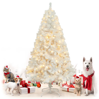 6 FT Artificial White Christmas Tree w/ 250 LED Lights, 1000 Branch Tips, Flat Shaped Leaves, Pre-Hinged