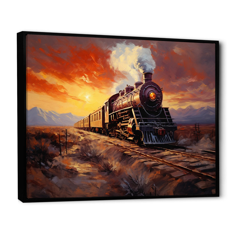 Impression sur toile, "Steamtrain Travelling Sunset Landscape I", H 34 po x l 44 po x P 1,5 po, Cadre flottant noir