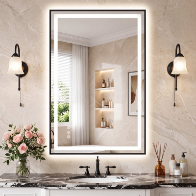 Miroir de salle de bain à cadre noir avec lumières DEL, miroir de meuble-lavabo rétro-éclairé à l'avant et à l'arrière, anti-buée réglable en continu avec fonction de mémoire de température de couleur 3 Miroir en verre trempé certifié UL et ETL