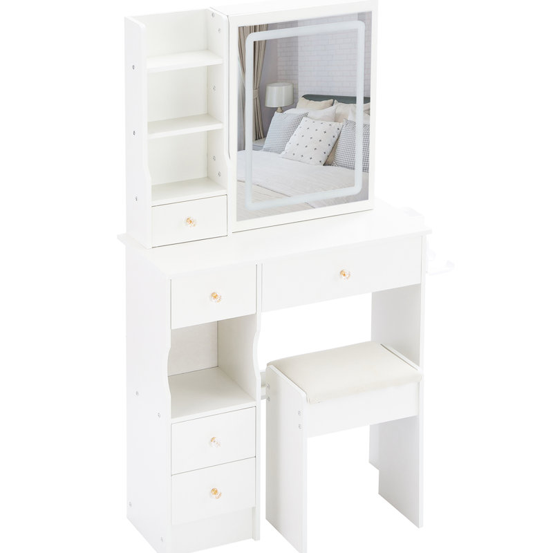 29.2" Desktop Vanity And Cushioned Stool , 2 Ac+2 Power Station, Hair Dryer Stand, Large Touch - Controlled Sliding Led Mirror With Adjustable Colors Brightness, Suitable For Little Left Drawer