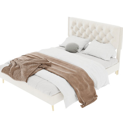 Beige Velvet Upholstered Queen Bed, Structure, Enough Space, Transforms Bedroom Into Haven Size Bed With Headboard, Simple Appearance, Adds Grace To