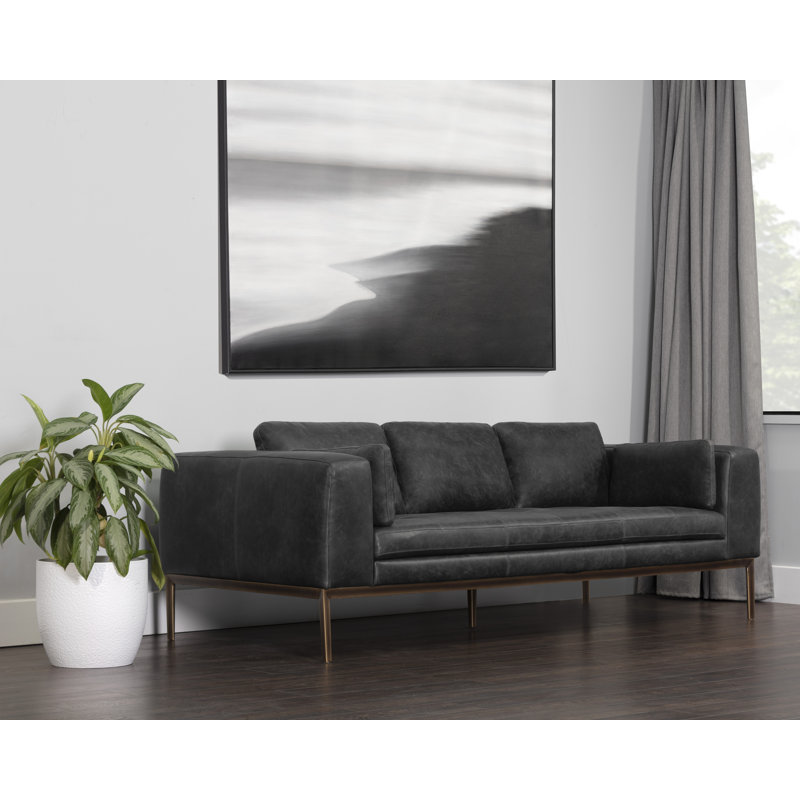 Canapé en cuir 85,5 po, Cuir véritable noir