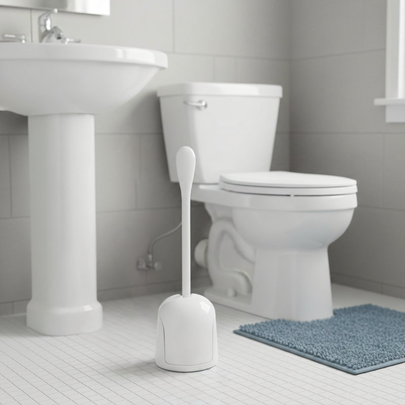 Ensemble de brosse de toilette compacte avec boîte de rangement; Conception de porte de boîte de rangement à fermeture automatique; Un incontournable pour nettoyer les petits espaces de salle de bain.
