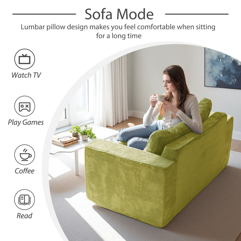Bean Bag sofa,Floor Sofa Bed Loveseat, Green Corduroy, 29.5" H x 55.5" W x 32" D