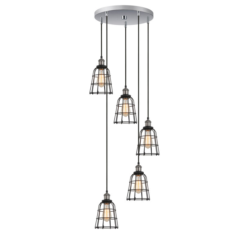 Luminaire suspendu en forme de cloche 5 lumières Pinnix, Nickel antique / Nickel