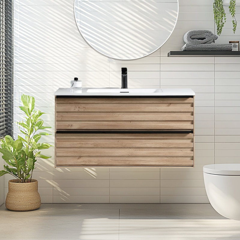 36" Single Bathroom Vanity with Ceramic Top, Wall Mounted Cabinet With 2 Drawers, 36"