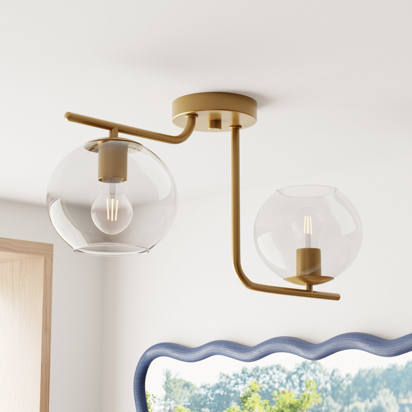 Bedonia 2 Light Glass Semi Flush Mount, Brushed Gold