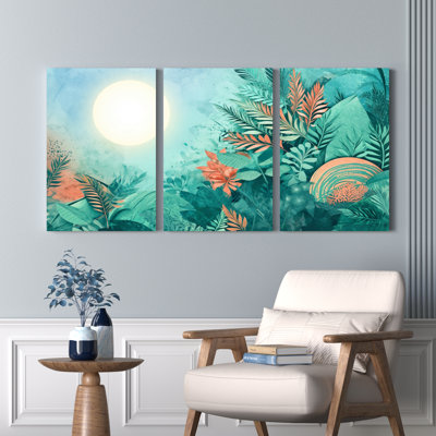 Feuilles tropicales et fleurs, reproduction d'art sur toile tendue sur toile, ensemble de 3