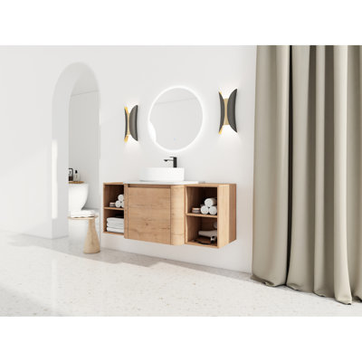 Meuble-lavabo de 122 cm avec lavabo en céramique décorative, 2 tablettes de rangement, porte à fermeture amortie, contreplaqué – solution moderne, imitation chêne, base facile à nettoyer