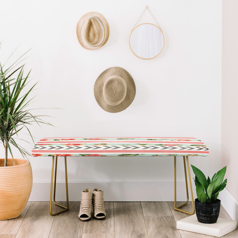 Upholstered Bench, Red/Green/Gray/Floral