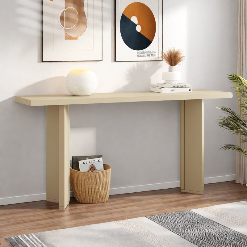 Console moderne avec structure de forme géométrique et grain de bois, Beige