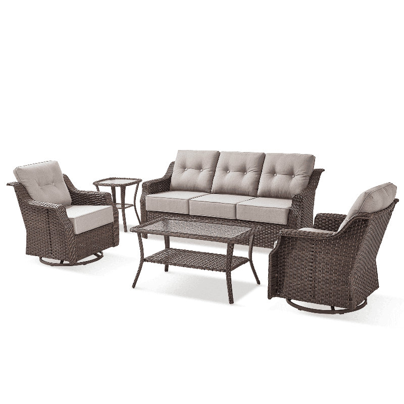 Elona 5-Person Outdoor PE Wicker Patio Conversation Set With 6" Thickness Cushions And Coffee Table, Beige