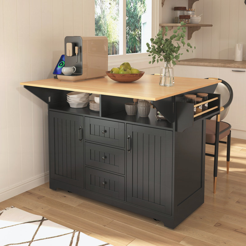 55.7'' Large Kitchen Island With 2 Drop Leaf,Rolling Kitchen Cart On 5 Wheels With Power Outlet, Folding Storage Dining Table With Spice & Towel Rack , 3 Drawers