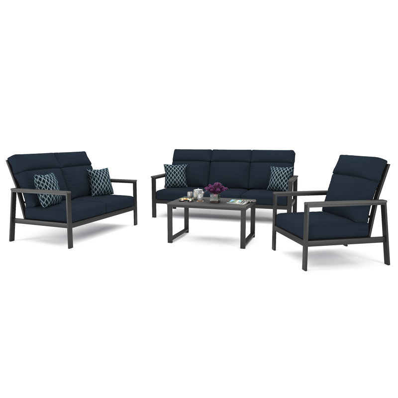 Syren 4 Person Seating Group With Sunbrella Cushions, Canvas Navy, Dark Gray/Gray