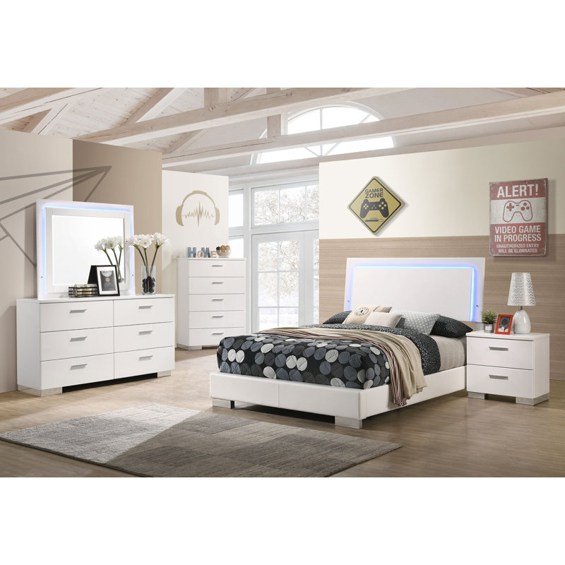 Dixie Glossy LED Lighting Panel Bedroom Set, 5 Pcs: Bed, Nightstand, Dresser, Mirror, Chest, California King