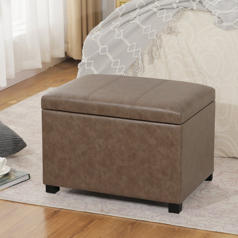 24" Faux Leather Storage Ottoman, Brown