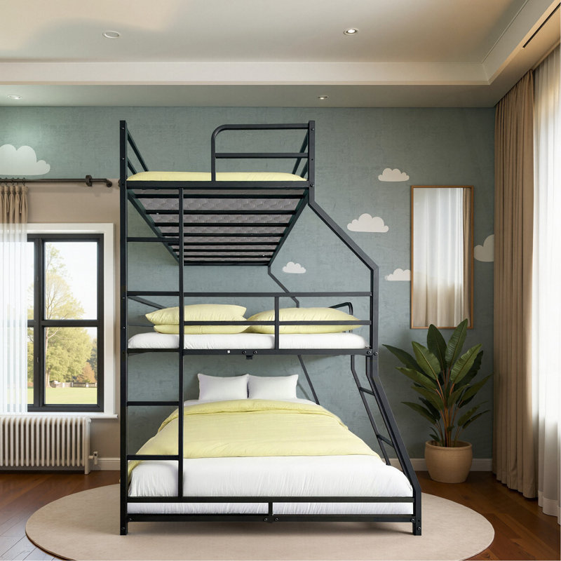 Triple Bed With Long And Short Ladder & Full-Length Guardrails , Easy Assembly ,For Kid Boy Girl ,Black
