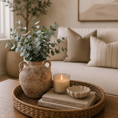 Rustic Farmhouse Small Ceramic Vase with Double Handles, Ribbed Texture Decorative Tabletop Flower Vase