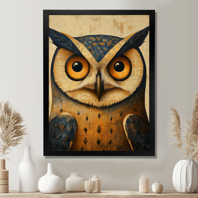 Watchful Folk Art Owl - Gold Birds Framed Wall Art Print