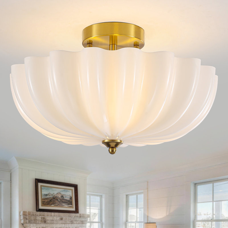 3-Light Modern Gold Semi Flush Mount Ceiling Light with Milk White Flower Shade for Living Room Bedroom Entryway