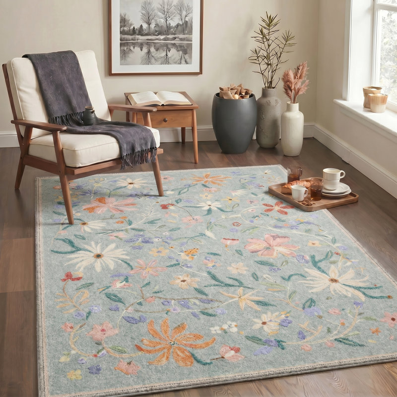 Tapis bleu / vert à motif floral Wild Bloom, Rectangle 84 po x 60 po