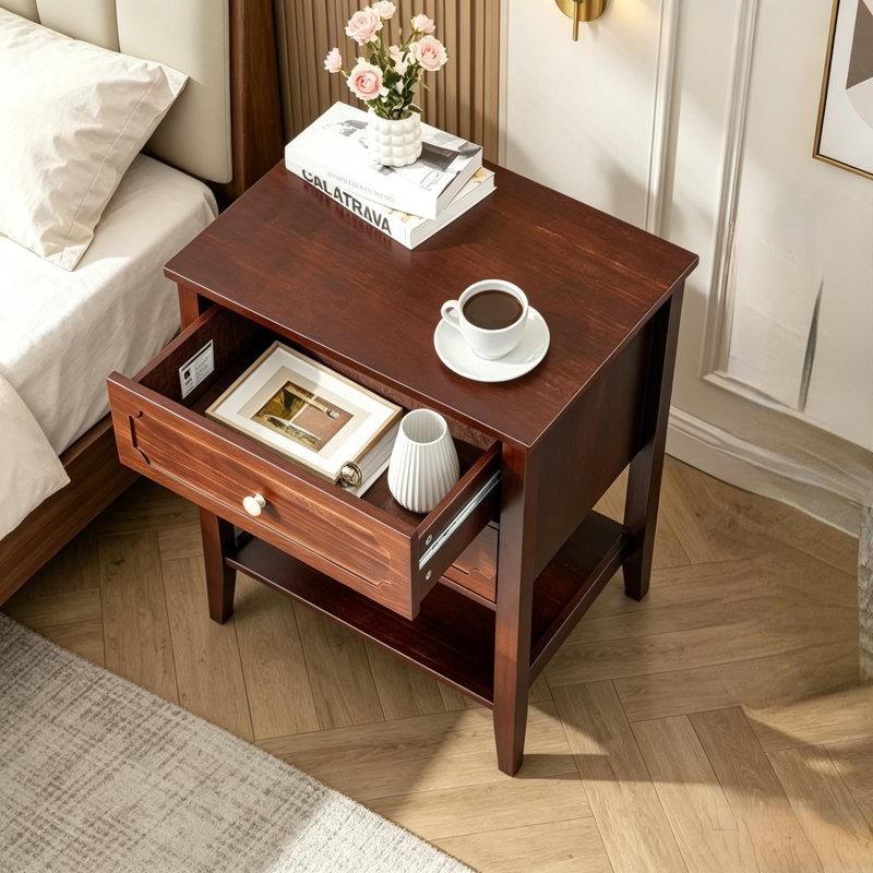 Table de chevet 2 tiroirs en bois brun foncé Traditional avec tablette de rangement ouverte et table de chevet décorative avec boutons dorés