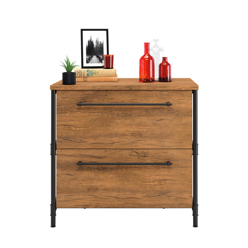 Classeur latéral au fini brun pour l'organisation de documents de bureau et d'étude à domicile, tiroirs à extension complète, aménagement légal pour la lettre, chêne chaleureux, décor à emboîtement, assemblage rapide, texturé