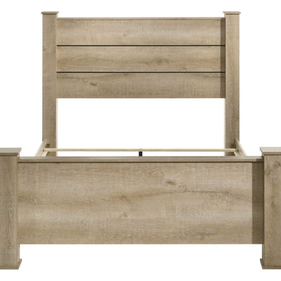 Weathered Oak Queen Bed Frame, Strong Column - Style Legs, Integrated Design Rustic Panel With Horizontal Headboard, Soft Oak, Bedroom Highlight