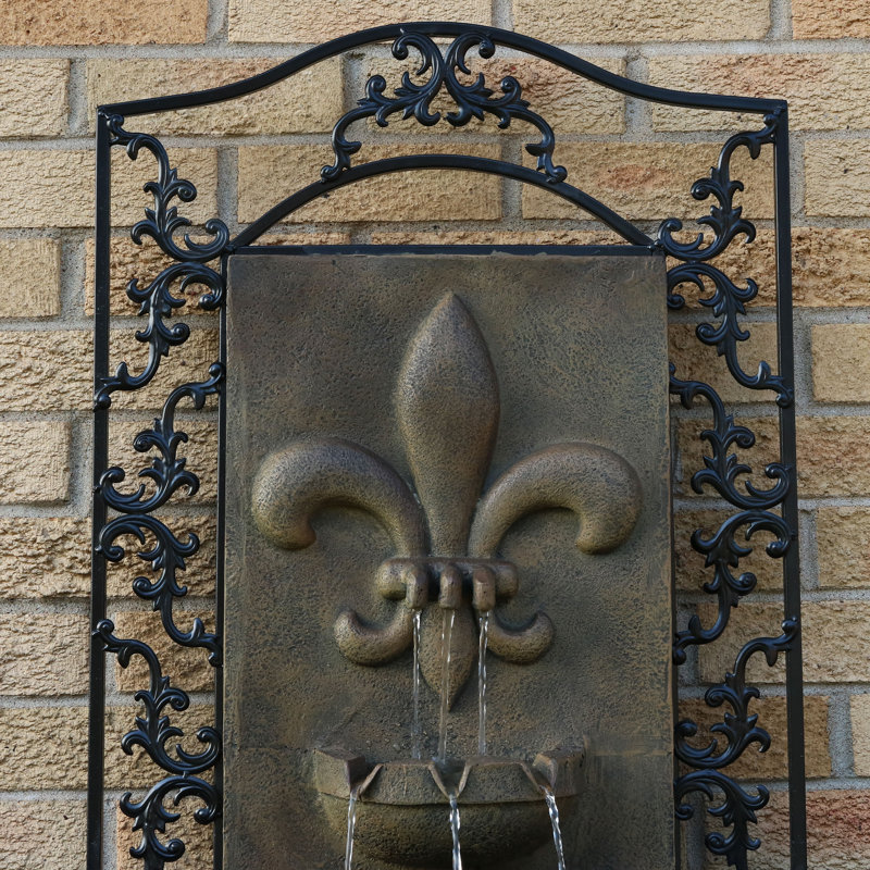 French Lily Polystone Outdoor Solar Wall Fountain with Battery Backup - Florentine Stone, Florentine Stone