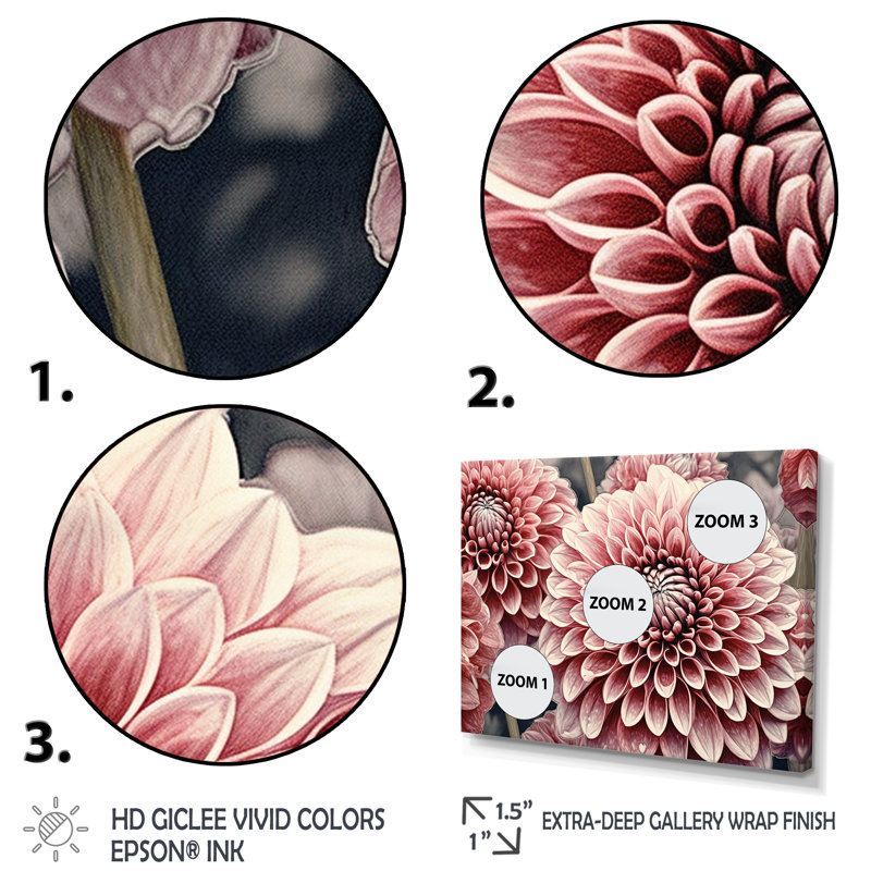 Imprimé palette de dahlia rose et noir 3 pièces, H 28 po x l 36 po x P 1 po, Toile tendue