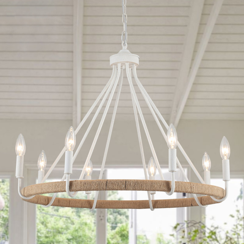 8-light Dimmable Wagon Wheel Rattan Chandelier, White, 8 Lights