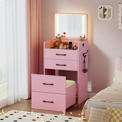 Makeup Vanity with LED Light Mirror, Motion Sensor & Charging Station, Drawers and Flip Hidden Storage Stool