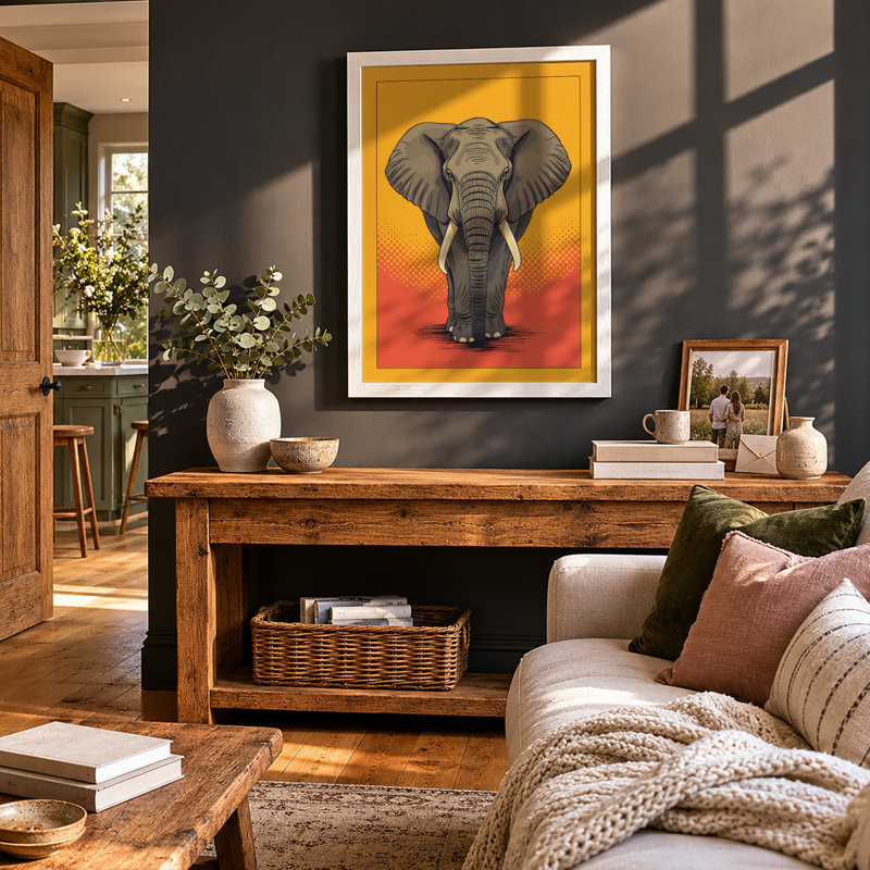 Elephant in Warm Light Modern - Framed Print, A2 - 59.4 x 42.0 cm, White