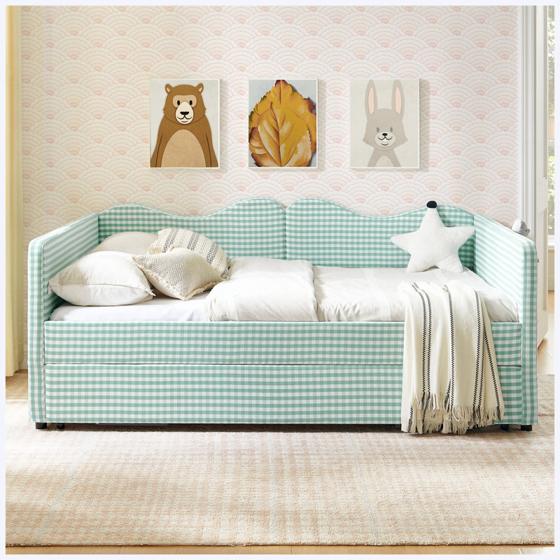 Lit de jour double en vichy avec gigogne gigogne et poche de rangement, structure en bois massif, cyan, Full / Double, Cyan