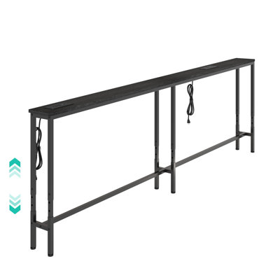 Table d'appoint extra longue et étroite de 110 pouces avec station de chargement USB intégrée - Console noire industrielle à hauteur réglable pour petits espaces, entrée ou couloir
