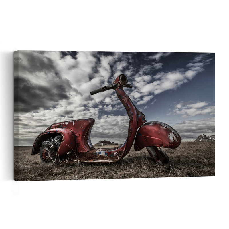 Rusty Red Scooter Landscape Dramatic Retro Rustic Landscape Nature Wall Art Print, 101.6cm H x 152.4cm W