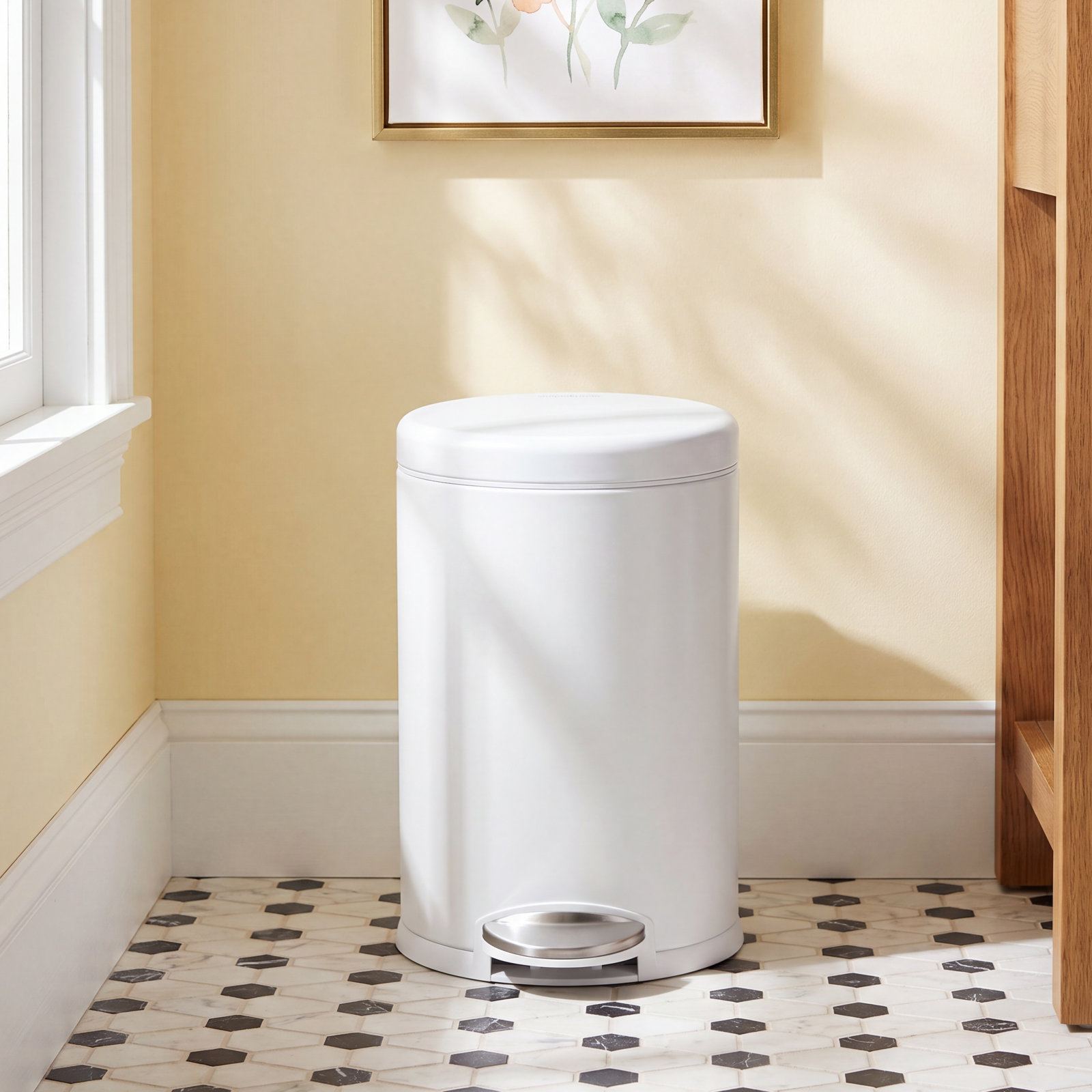 simplehuman 1.2gal Round Step-On Trash Can, White Steel