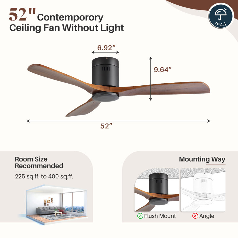 Sofucor Rachel 52'' 3-Solid Wood Blade Flush Mount Classic Ceiling Fan no Lights, Black with  Brown Blades
