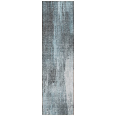 8' Runner Teal Abstract Washable Non Skid Indoor Outdoor Runner Rug