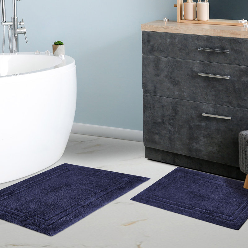 Sandcliff Cotton Non-Skid Machine Washable 2 Piece Bathroom Rug Set, Solid Navy Blue