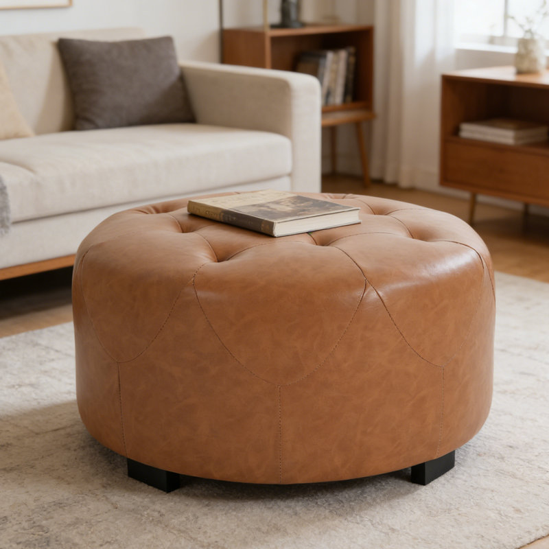 Upholstered Button Tufted Round Ottoman, PU, Orange Brown,Small version