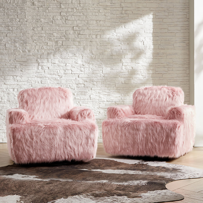 Hawkesbury 38.5"W Oversized Faux Fur Swivel Rocking Arm Chair (Set of 2), Pink Fabric