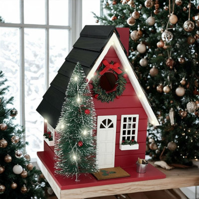 Cabane à oiseaux festive avec lumières DEL - rouge