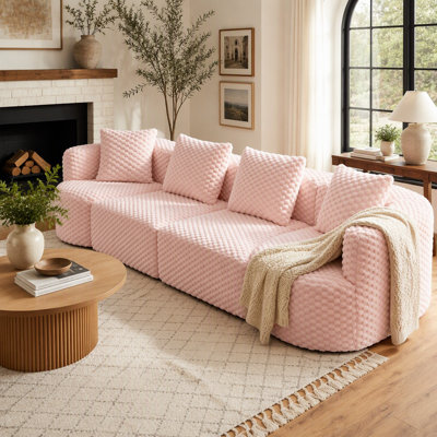 Canapé d'angle modulaire, canapé moelleux sans ossature de 350 cm, velours rose à bulles, pour salon