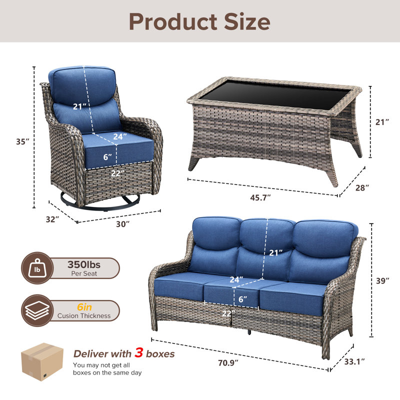 5 - Person Luxury Wicker Patio Furniture Set With Coffee Table & 6-Inch Extra-Thick Cushion Swivel Chairs, Gray, Blue