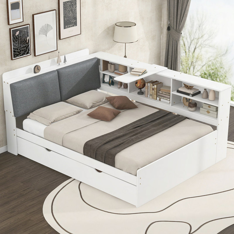Lit de jour avec couchette, tablettes et tête de lit, Double, Blanc