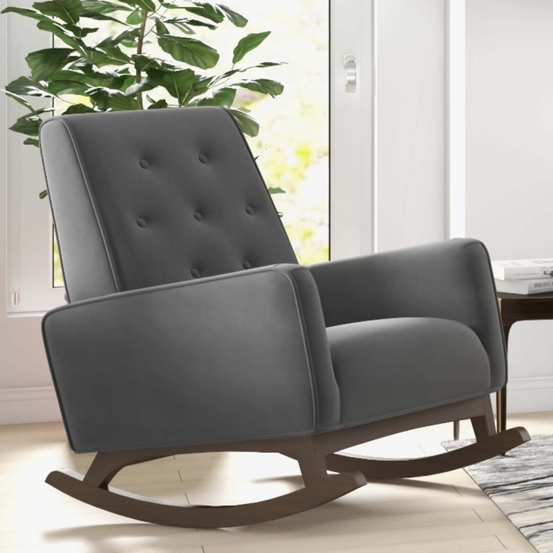 Chaise berçante en tissu et bois massif, Gris foncé, bois