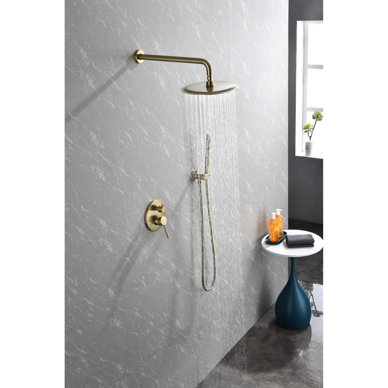 Bathroom Wall Mounted Shower System Kit - Brushed Gold With High 10" Stainless Steel Rain Head And Handheld Shower, 2 Way Balance Valve